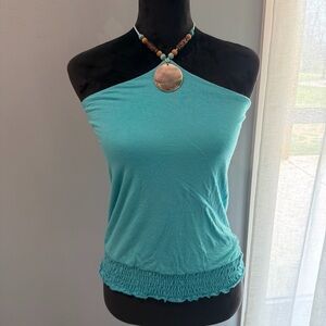Gadzooks Vintage Women’s Teal Halterneck Smocked-Hem Camisole Shell Necklace